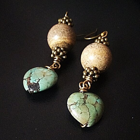 Thick + Chunky! Boho African Turquoise Heart Earrings - Unique & One-of-a-Kind - Picture 6 of 10